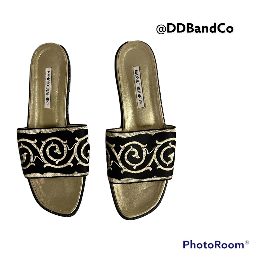 Manolo Blahnik Kwanda Gold/Black Sandals